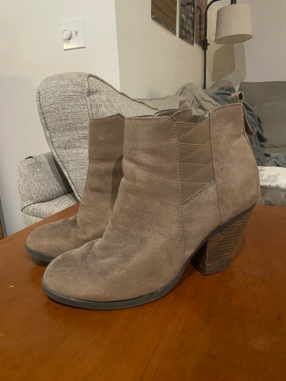 Women's Taupe Suede Ankle Booties - Stylish Block Heel